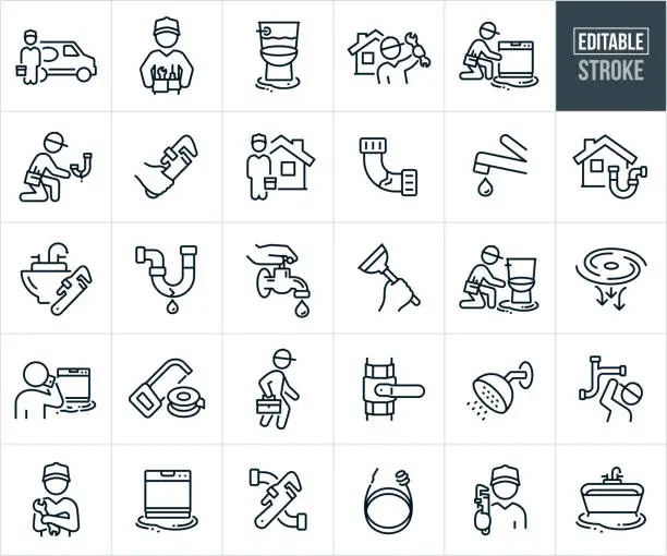 Vector illustration of Plumbers And Plumbing Thin Line Icons - Editable Stroke