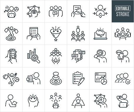 A set of market research icons that include editable strokes or outlines using the EPS vector file. The icons include a market research analyst at computer with market research graphs surrounding him, market research on a persons thought process, market researchers standing facing camera, market research using a magnifying glass, target market, shopper with target representing target market, survey being done using a tablet PC, data being funneled during market research, gathering of information, market research analysts interviewing focus group, focus group gathered around a table involved in market research, survey being done using a smartphone, analysis of research data, business strategy using market research, online survey, market analyst using magnifying glass to conduct market research, questionnaire being done on smartphone, bullseye, checklist, target market, social media marketing, market analysts conducting an interview and other related icons.