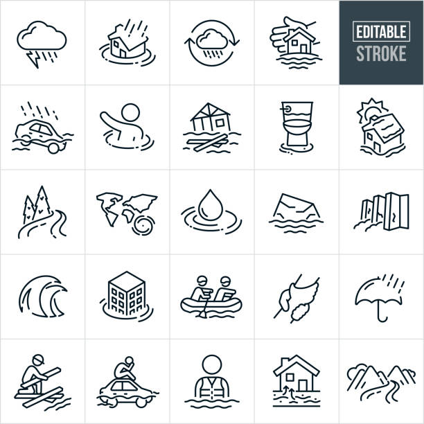 ilustrações de stock, clip art, desenhos animados e ícones de flash flood and flooding thin line icons - editable stroke - acidente natural