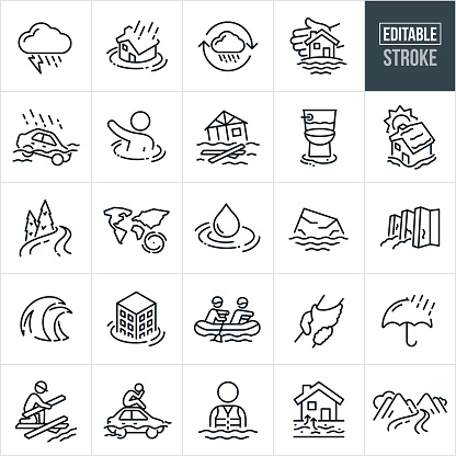 A set of flood icons that include editable strokes or outlines using the EPS vector file. The icons include a thunderstorm cloud with lightning and rain, house sinking in flood waters as it continues to rain, continuous rain, hand protecting house from flood waters, house covered with snow melting in sun increasing risk of flood, raging river, hurricane, water, ice glaciers melting increasing flood risk, broken dam creating flood waters, tsunami waves, high rise business building sinking in flood, rescue workers in raft rescuing flood victims, person standing on roof of flooded house, two hands clasped in rescue, person cleaning up aftermath of flood, car sinking in flood waters, person sinking, house sinking in flood waters, umbrella with rain coming down, person with life jacket standing in flood water and ground water seeping into home.