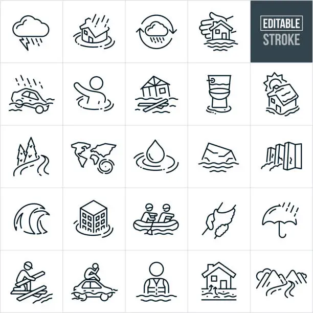 Vector illustration of Flash Flood And Flooding Thin Line Icons - Editable Stroke