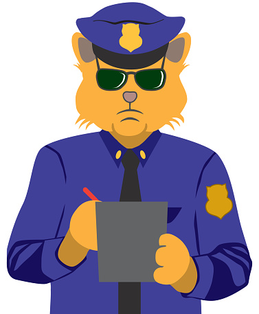A cartoon police cat is writing out a ticket