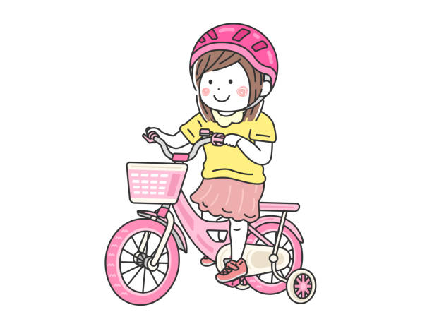 ilustrações, clipart, desenhos animados e ícones de ilustração de uma menina que monta uma bicicleta cor-de-rosa com rodas de treinamento. - pedal bicycle sports training cycling