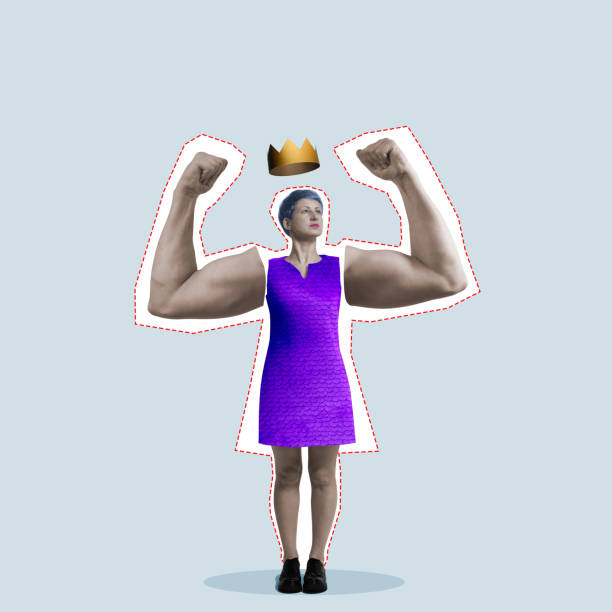 A woman with big biceps and a crown over her head. Art collage.