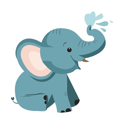 Little thick-skinned elephant playing with water. Vector. White background.