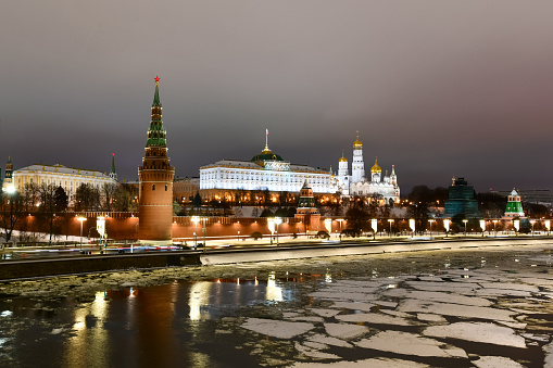 The Grand Kremlin Palace and Kremlin wall during a Winter evening in Moscow, Russia.