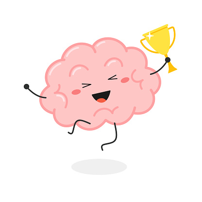 Champion pink cartoon brain character happy jumping with golden winner cup. Vector flat illustration isolated on white background
