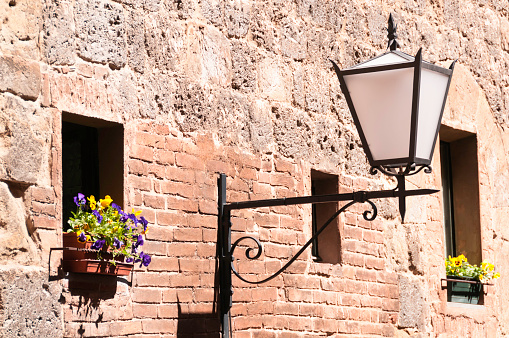 Seen in Siena: An old wall decorated with flowers and lantern