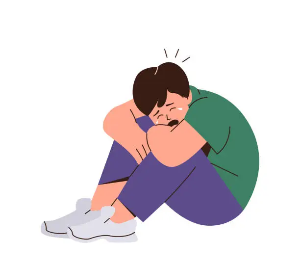 Vector illustration of Crying and screaming little boy child sitting on floor and hugging knees vector illustration