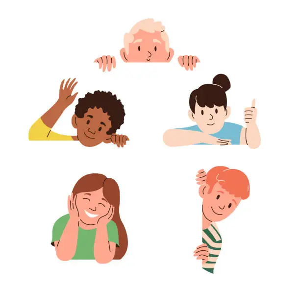 Vector illustration of Set of multiracial diverse children character peeking out laughing and smiling isolated on white
