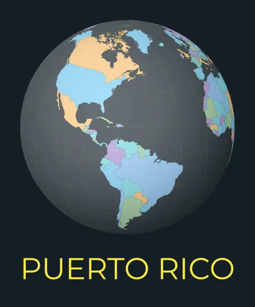 Vector illustration of World map centered to Puerto Rico. Red country highlighted. Satellite world view centered to country with name. Vector Illustration.