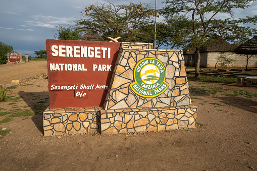 Tanzania, Africa - March 10, 2023: Welcome sign for the Serengeti National Park, Ikoma Gate