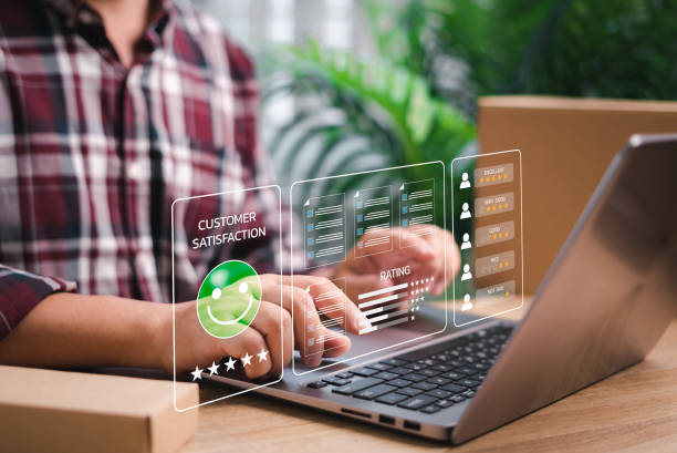 istock Satisfaction survey digital and customer rating feedback concept, Customer use laptop answer surveys in smart document and rate satisfaction after receiving products purchased online product warranty 1481201174