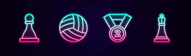Set line Chess, Volleyball ball, Medal and . Glowing neon icon. Vector Set line Chess Volleyball ball Medal and . Glowing neon icon. Vector. evolution volleyball stock illustrations