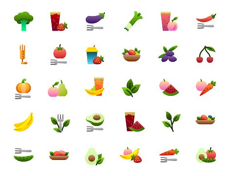 Vegetarian Icons Set. Flat style, color gradient. Vector illustration.