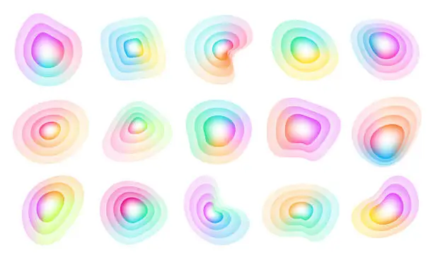 Vector illustration of Set of gradient liquid color fluid shapes. Abstract blur free form, iridescent colors effect, isolated objects for design, banner, flyer, business card, poster, web