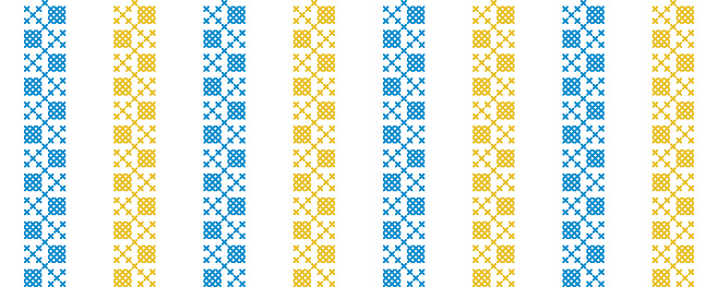 Ukrainian vector seamless fashion pattern. Decoration in blue and yellow color. Ukrainian vertical stripes fashion pattern. Pixel art, vyshyvanka, cross stitch.