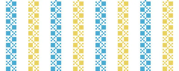 Vector illustration of Ukrainian vector seamless fashion pattern. Decoration in blue and yellow color. Ukrainian vertical stripes fashion pattern. Pixel art, vyshyvanka, cross stitch