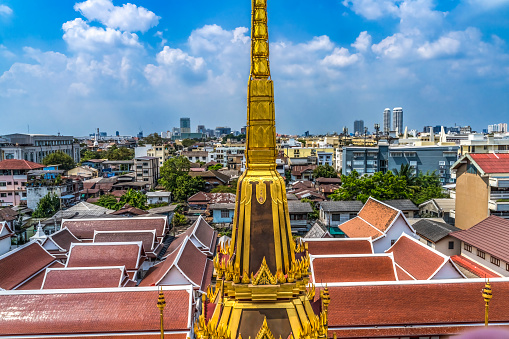 Spire Close Cityscape Loha Prasat Metal Castle Buddhist Temple Wat Ratchanaddaram Worawihan Bangkok Thailand. Built 1846. 37 Spires for 37 Buddhist virtues to reach enlightenment.