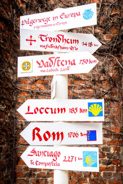 Signpost in Hamburg with pilgrimage routes in Europe, vertical
