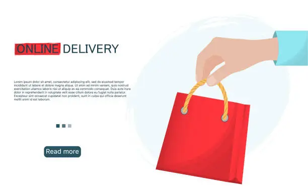 Vector illustration of A hand with shopping bag, online delivery concept, purchase online, e-commerce concept, flat vector illustration