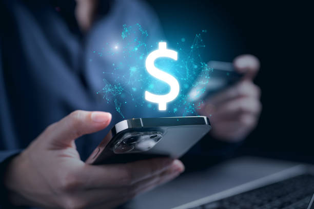 People holding credit card using laptop smartphone with dollar sign
