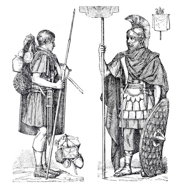 ilustrações de stock, clip art, desenhos animados e ícones de roman army legionnaires and standard-bearer - ancient rome illustration and painting engraving engraved image
