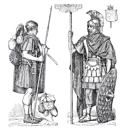 Roman Period
Left: Legionnaire
Right : Standard-bearer in the Theodosian era : which refers to the time period when the Roman Empire was ruled by the emperor Theodosius I, who reigned from 379 to 395 CE. During his reign, he made important changes to the Roman army, including the establishment of a new military hierarchy and the introduction of new military tactics.
Original edition from my own archives
Source : Correo de Ultramar 1879