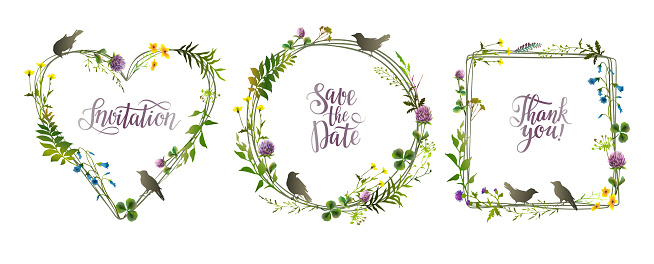 Floral summer frames set with birds. Floral frames collection for wedding invitation, posters, save the date, greeting card. Vector illustration.