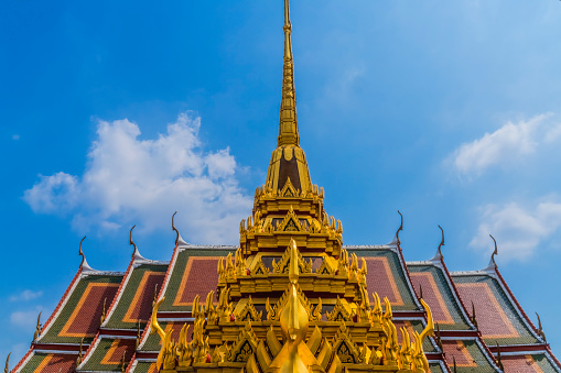 Ornate Spire Cllose Loha Prasat Metal Castle Buddhist Temple Wat Ratchanaddaram Worawihan Bangkok Thailand. Built 1846. 37 Spires for 37 Buddhist virtues to reach enlightenment.