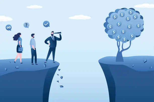 Vector illustration of Confident leader uses spyglass for future vision. Male boss is looking for way to bridge money gap and get rich. Money tree on other side. Business team on way to profit.
