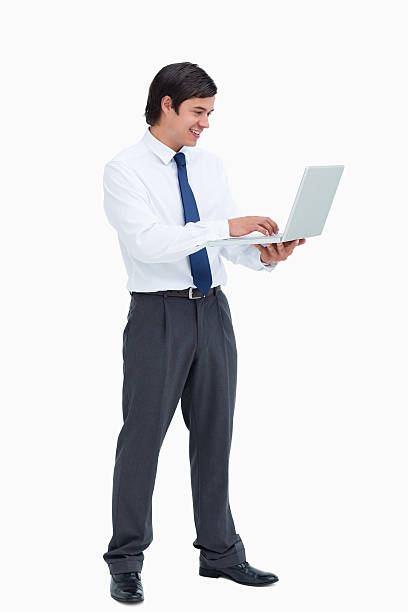 istock Side view of smiling tradesman working on his laptop 148121759