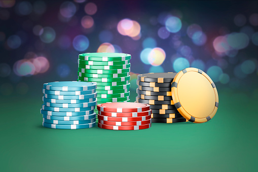 Blank colored plastic round chip mockup stand stack on background, 3d rendering. Empty blue, green, red, yellow and black gampling token pile mock up. Clear heap of casino money template.