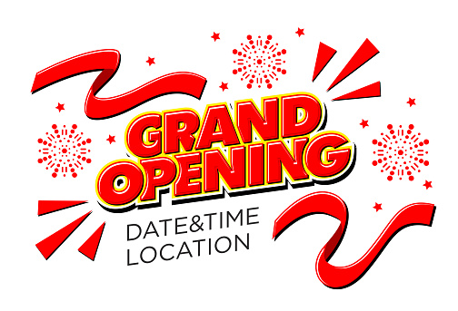 Grand opening invitationt template with burst of firework. Ribbon cutting ceremony. Vector on transparent background