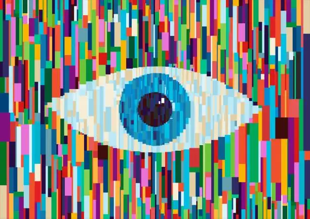 Vector illustration of Abstract colorful eye on pop art isolated decoration.