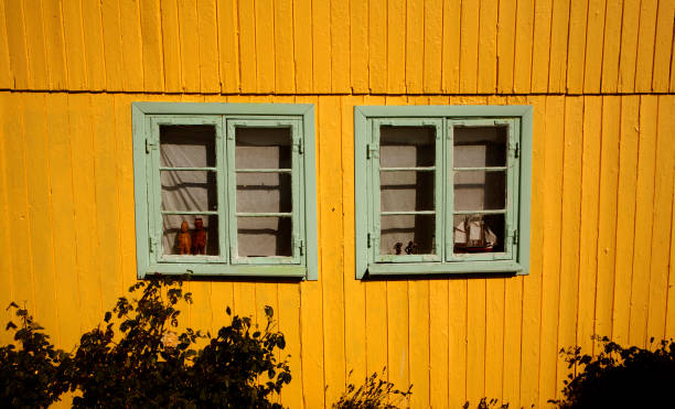 istock Two windows in a yellow wooden wall. 1481218834