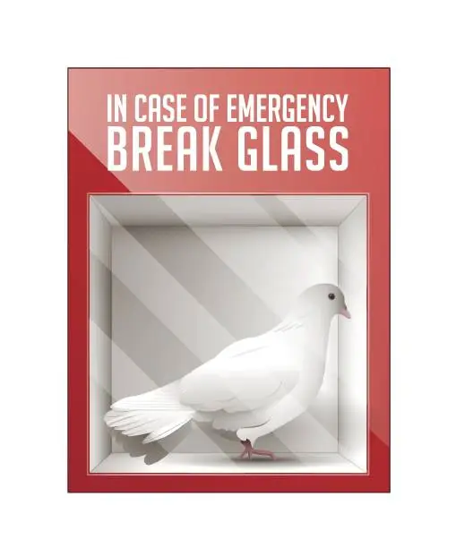 Vector illustration of End this war now - peace symbol - white pigeon locked in a box with the inscription in case of emergency break the glass - concept graphic