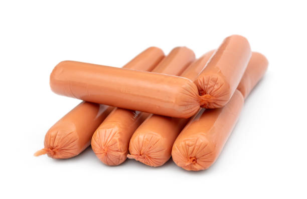 istock Heap of boiled sausages on white background. 1481220238