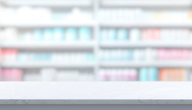 istock Marble table top counter with blurred clean drug shelf, abstract blur modern pharmacy store interior background, defocused medical clinic with empty space for design 3D illustration 1481220307