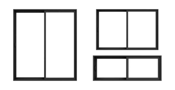 istock Modern black office window frame set isolated on white background, minimal style double pvc panes in various type for interior design element 3D rendering 1481220452