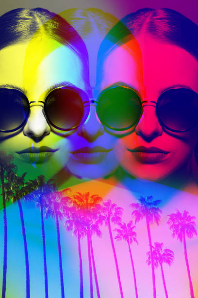 istock Woman face reflection and palm tree composition in RGB color split effect style 1481221050