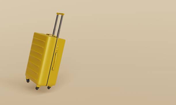 istock Yellow flying suitcase with on pastel beige background. Travel concept. Minimal style, copy space 1481222430