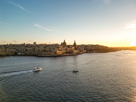 valletta city sunset aerial view, maltese islands.