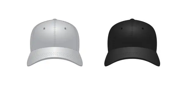 Vector illustration of Black and white realistic baseball cap set. Front view. Mock-up for branding and advertise. Vector EPS 10