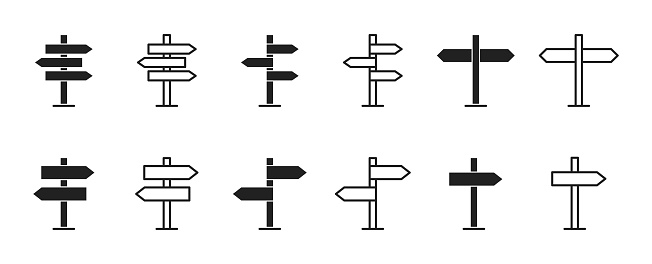 Pillar with aroows that shows road path direction icon set. Black and linear. Vector EPS 10