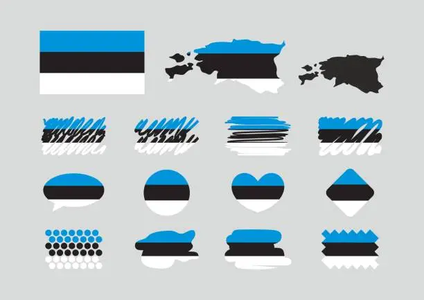 Vector illustration of Estonia flag set, simple flags of Estonia. Collection of maps.