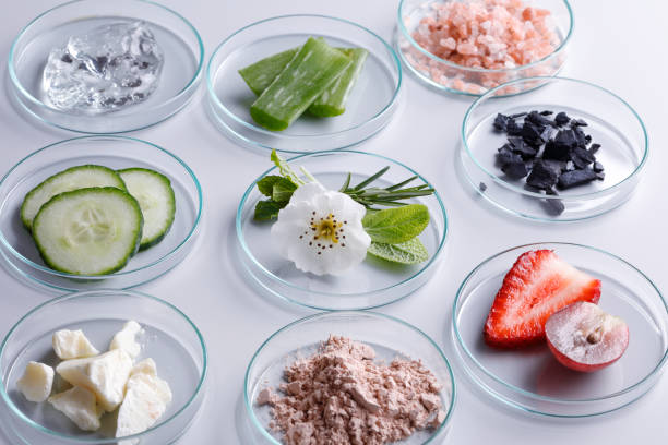 Petri dishes with organic cosmetic ingredients