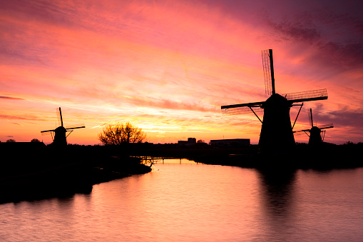 Beautiful sunset in the famous unesco heritage site. Kinderdijk