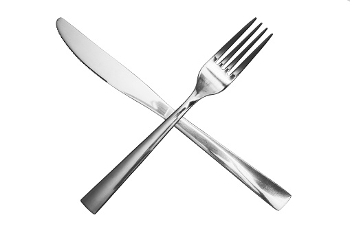 A crossed kitchen knife and fork.