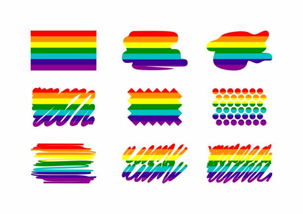 무지개 깃발 세트입니다. lgbt 게이와 레즈비언 프라이드 상징, 별, 마음. 아이콘 템플릿입니다. 현대 평면 벡터 그림 - heart shape gay pride gay pride flag lesbian stock illustrations